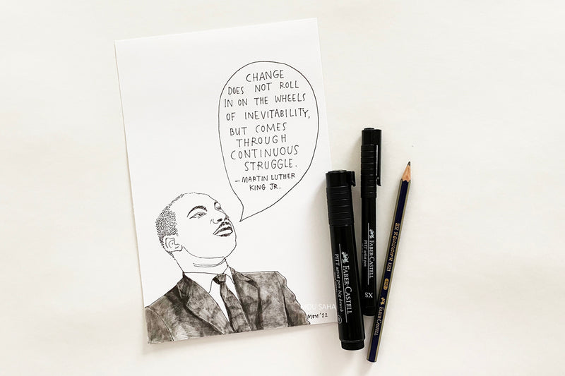 Sketch of Dr. King with Pitt Artist Pens and a Graphite Pencil