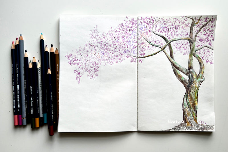 A cherry blossom illustration with Goldfaber Color Pencils