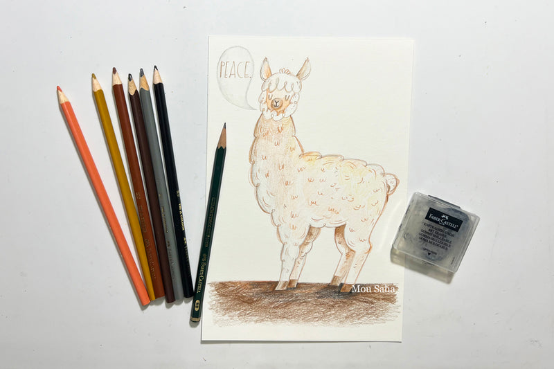 Kawaii alpaca drawing with colored pencils