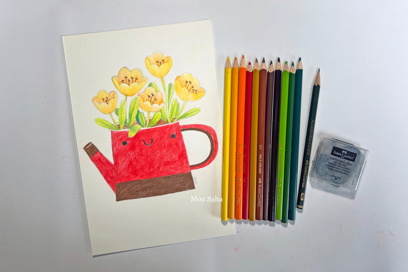 Kawaii watering can flower drawing and colored pencils