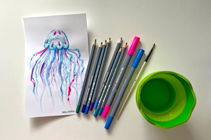Jellyfish drawing with art materials