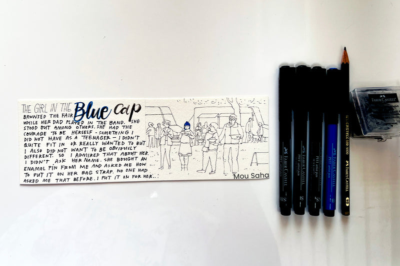 Blue cap sketch with Pitt Artist Pens and a pencil