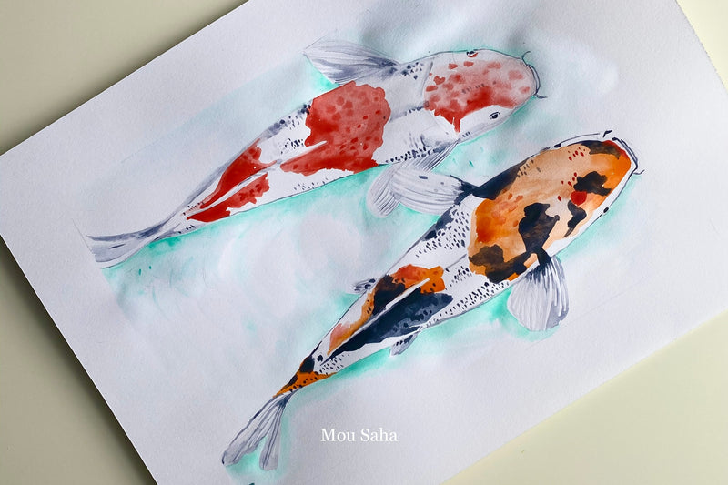 Two watercolor koi fish