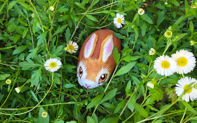 Rock painting bunny in grass