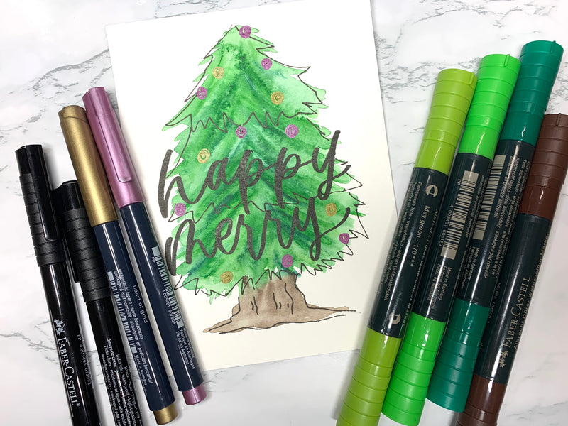 Watercolor Christmas Tree with Pitt Artist Pens, Metallic Markers, and Watercolor Markers