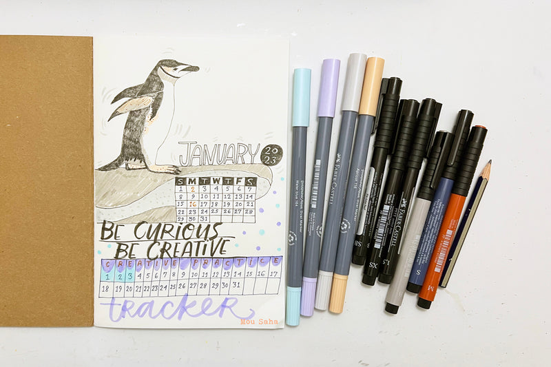 Bullet Journal sketch with Pitt Artist Pens and Goldfaber Aqua Dual Markers