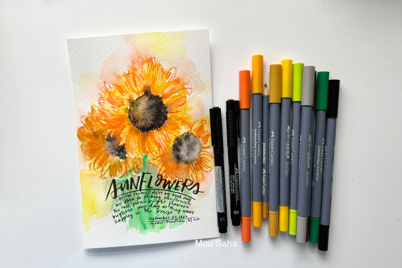 Watercolor sunflower with Goldfaber Aqua Dual Markers