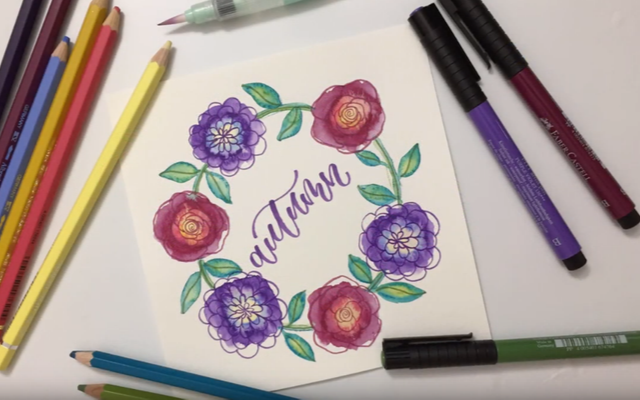 Autumn Hand Lettering with Watercolor Flower Wreath 
