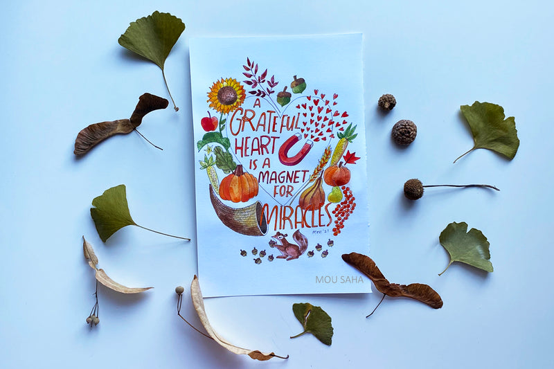 Grateful hand lettering with watercolors