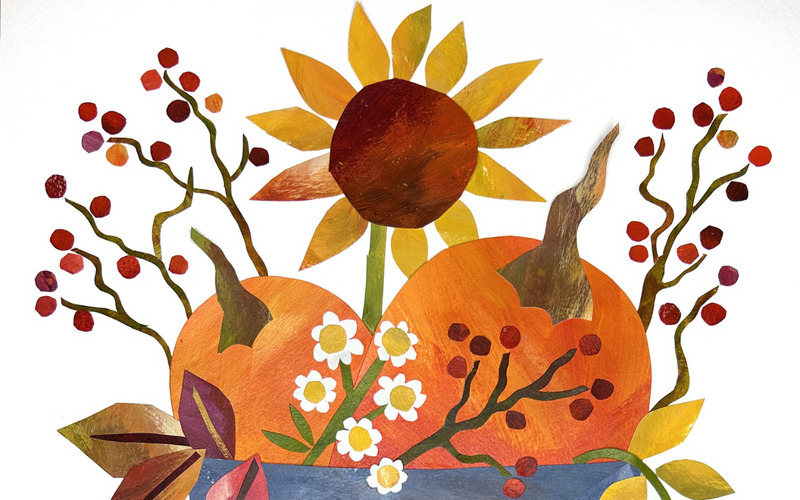 Pumpkin and sunflower watercolor collage