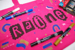 Custom pink tote bag with Shake and Paint markers