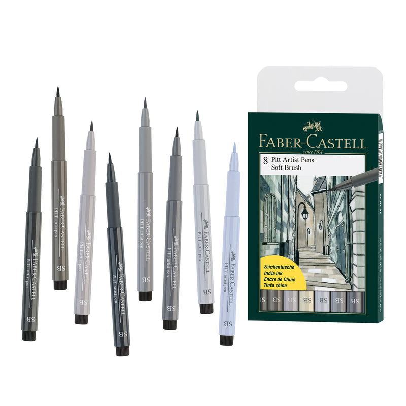 Faber Castell PITT Artist Pen Soft Brush, Set of 8, Shades of Grey